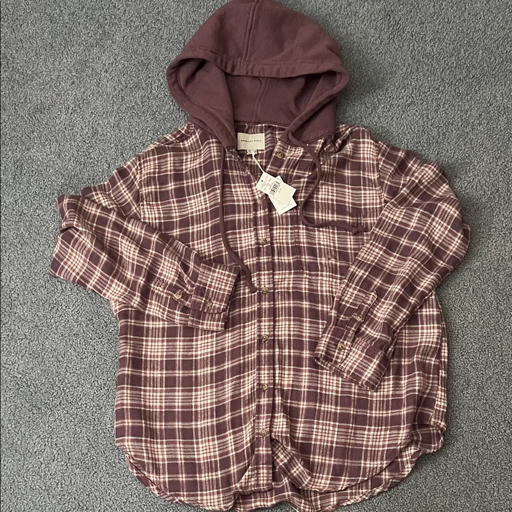 American Eagle Outfitters Women’s  Plaid Hooded Shirt in Purple and White